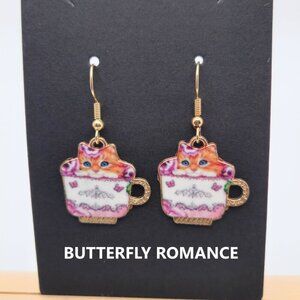 Butterfly Romance Ginger Cat Teacup Earrings Handmade Whimsical